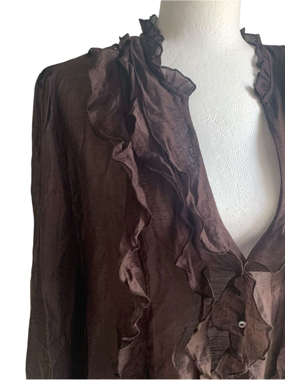 🆕 Zara V‑neck Tunic-top Semi Sheer Ruffles Mother‑of‑pearl Buttons PuffLS BRN XL - Picture 6 of 11